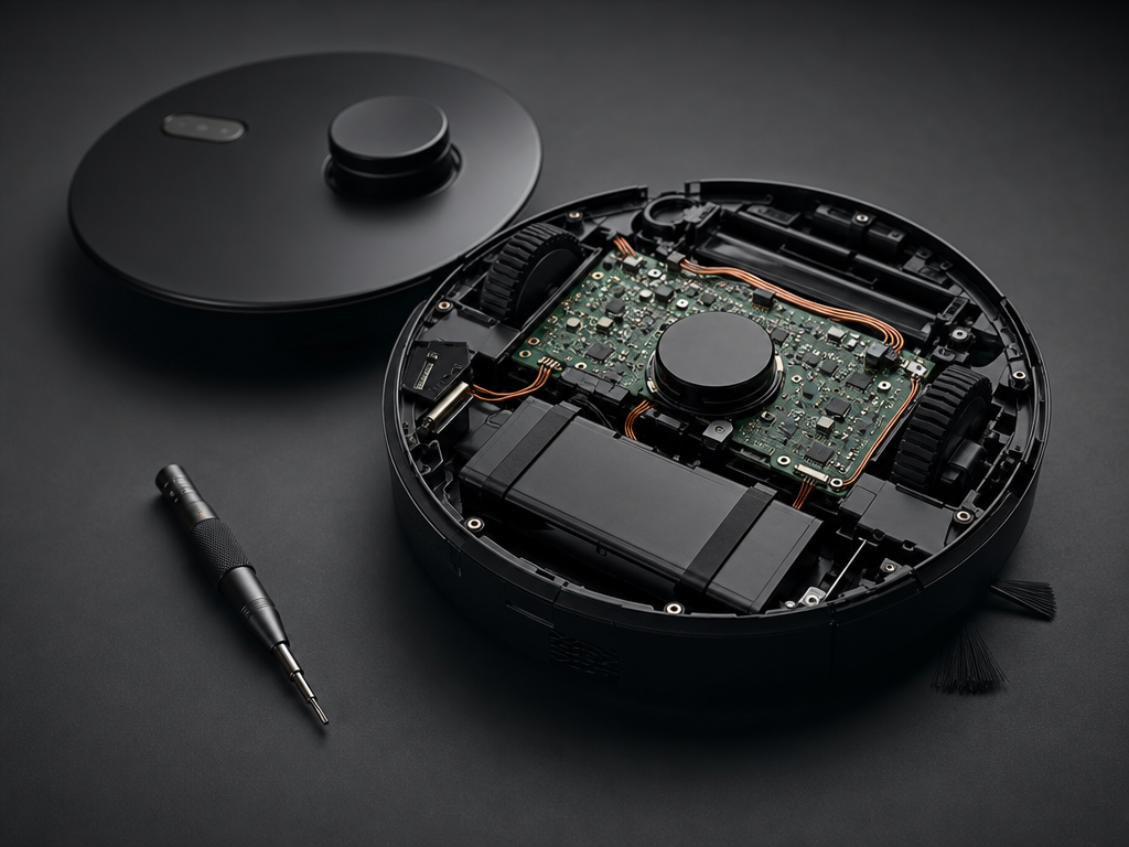 A home robot opened for repair beside a precision screwdriver